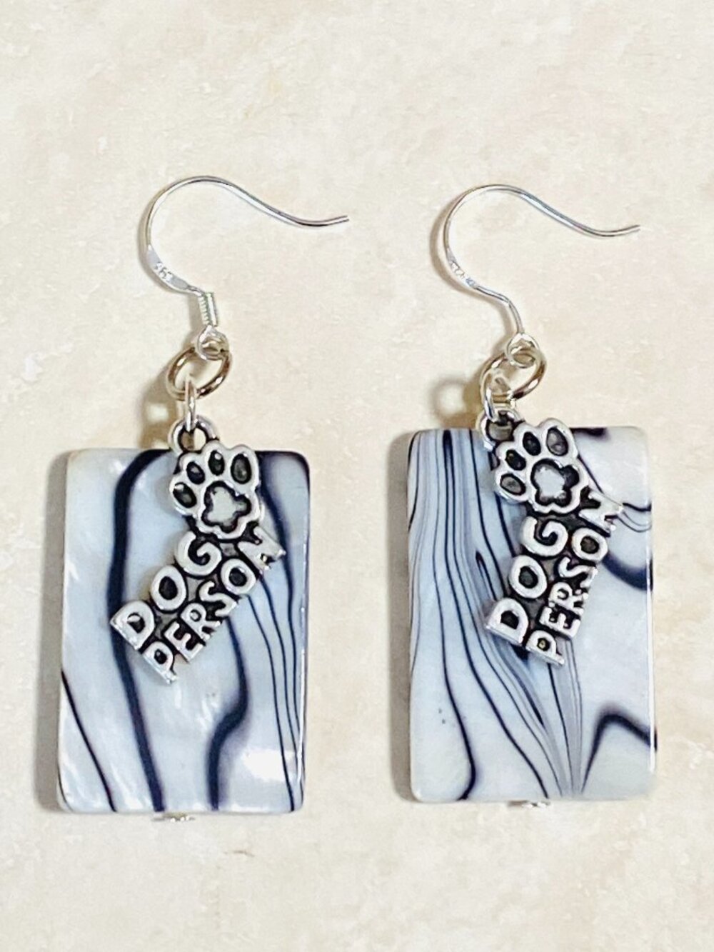2/$20, Black & White Mother of Pearl Dog Person Dangle Earrings